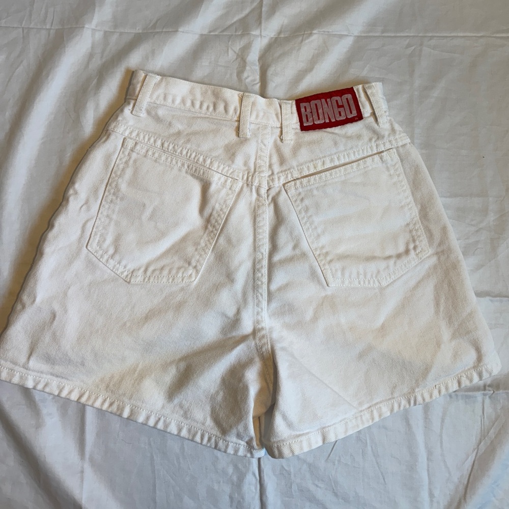 BONGO White Jean Shorts with Red Logo Patch